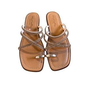 Mariella Strappy Sandals 8M Rose Gold Rhinestone Toe Ring Flat Slide Italy